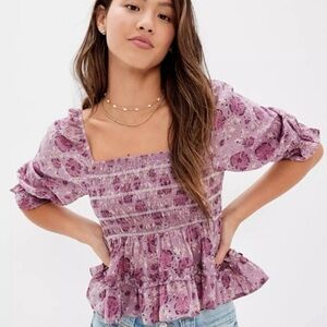 American Eagle Outfitters Lavender Floral Smocked Peplum Top